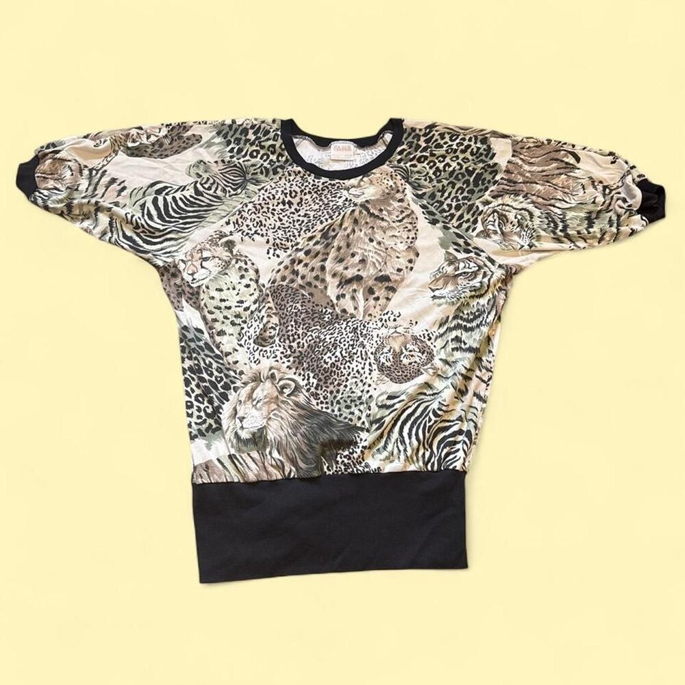 Vintage 80s Wild Cats Animal Print Top Lion Cheetah Leopard S